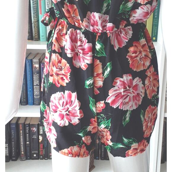 AS U WISH Romper Large Black Orange Pink Floral Tropical Ruffled V-Neck Flirty - Picture 8 of 10